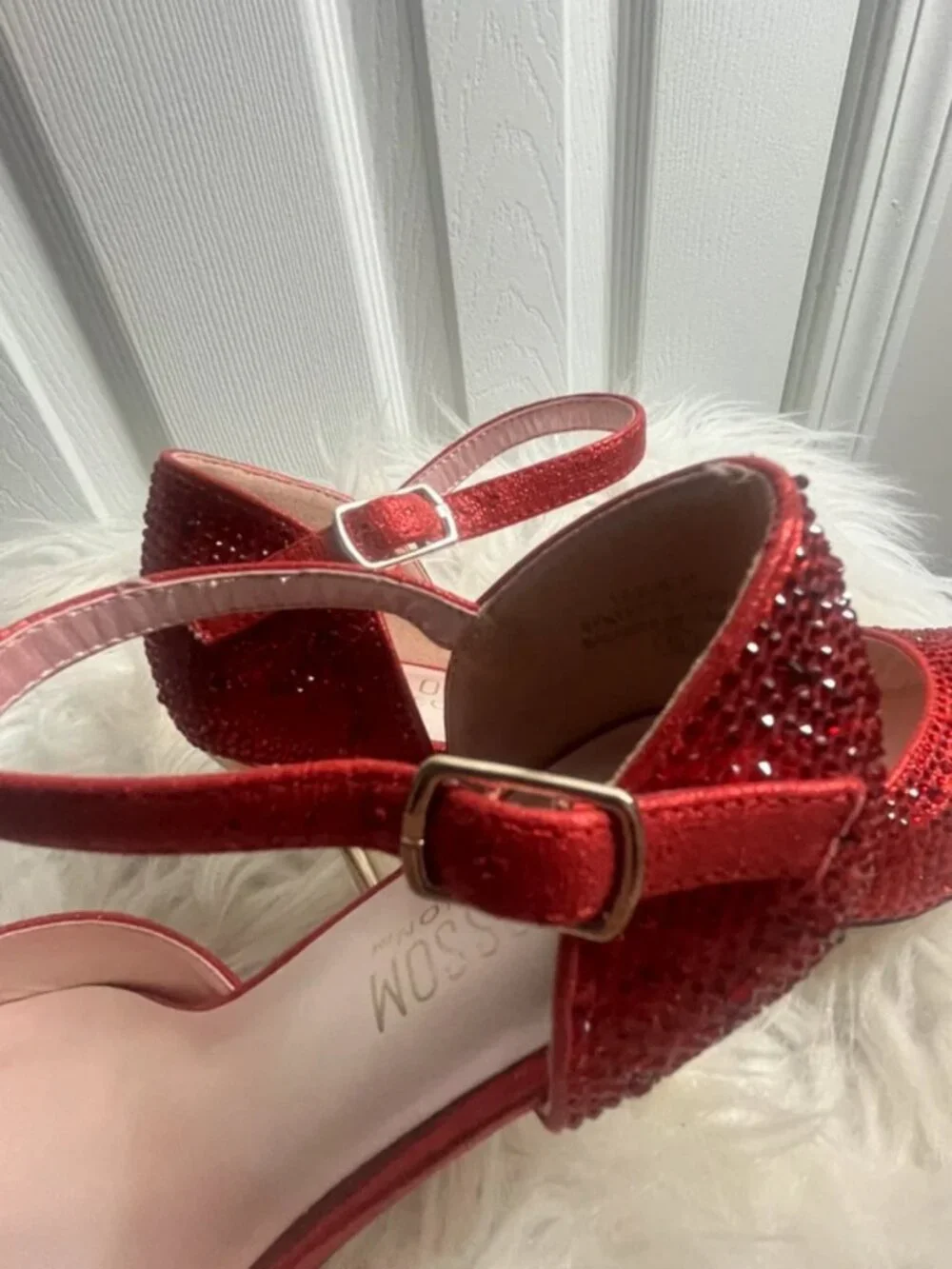 Blossom Red Rhinestone Pointed Toe Ankle Strap Heels
